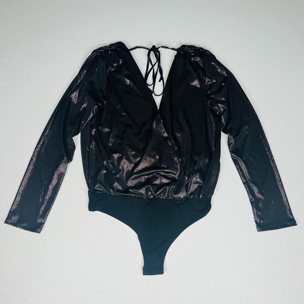 BCBGeneration Women's Black Metallic Sheen Bodysuit Size L